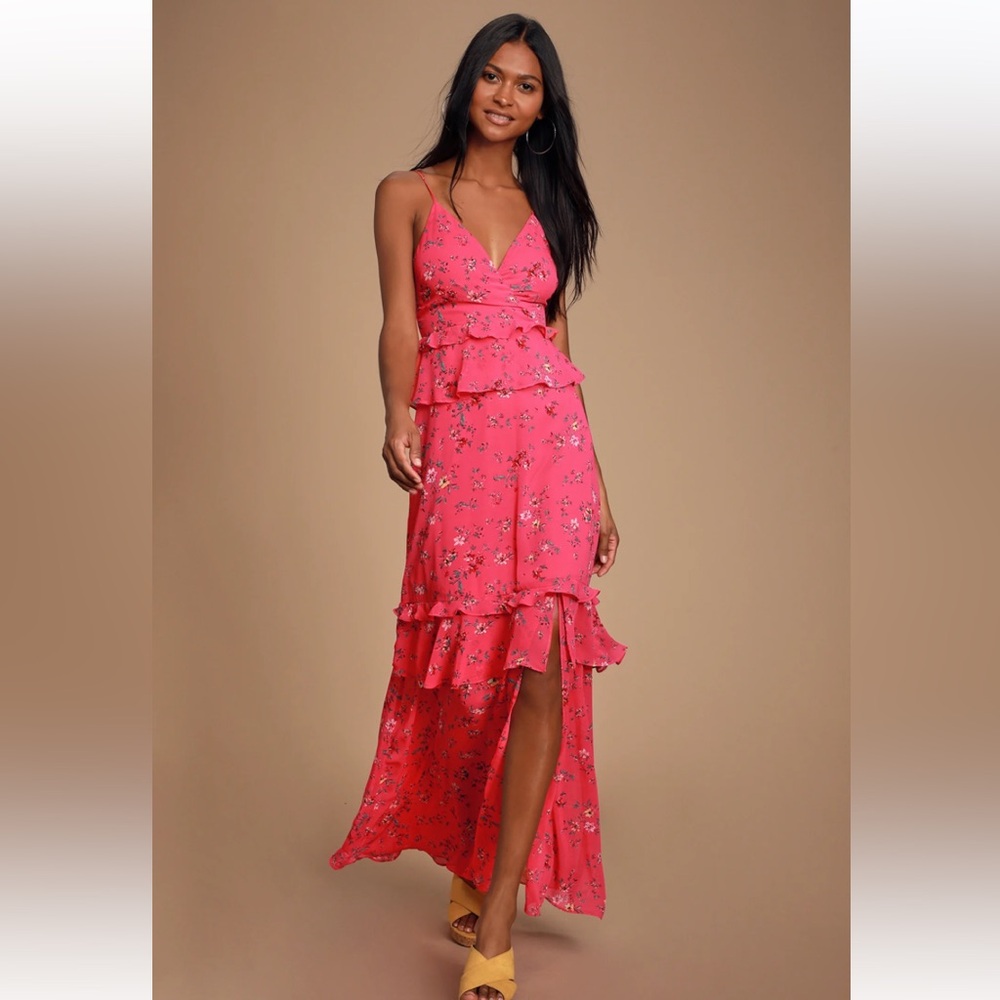 Sunshine Bouquet Fuchsia Pink Floral Print Ruffled Maxi Dress Size Small